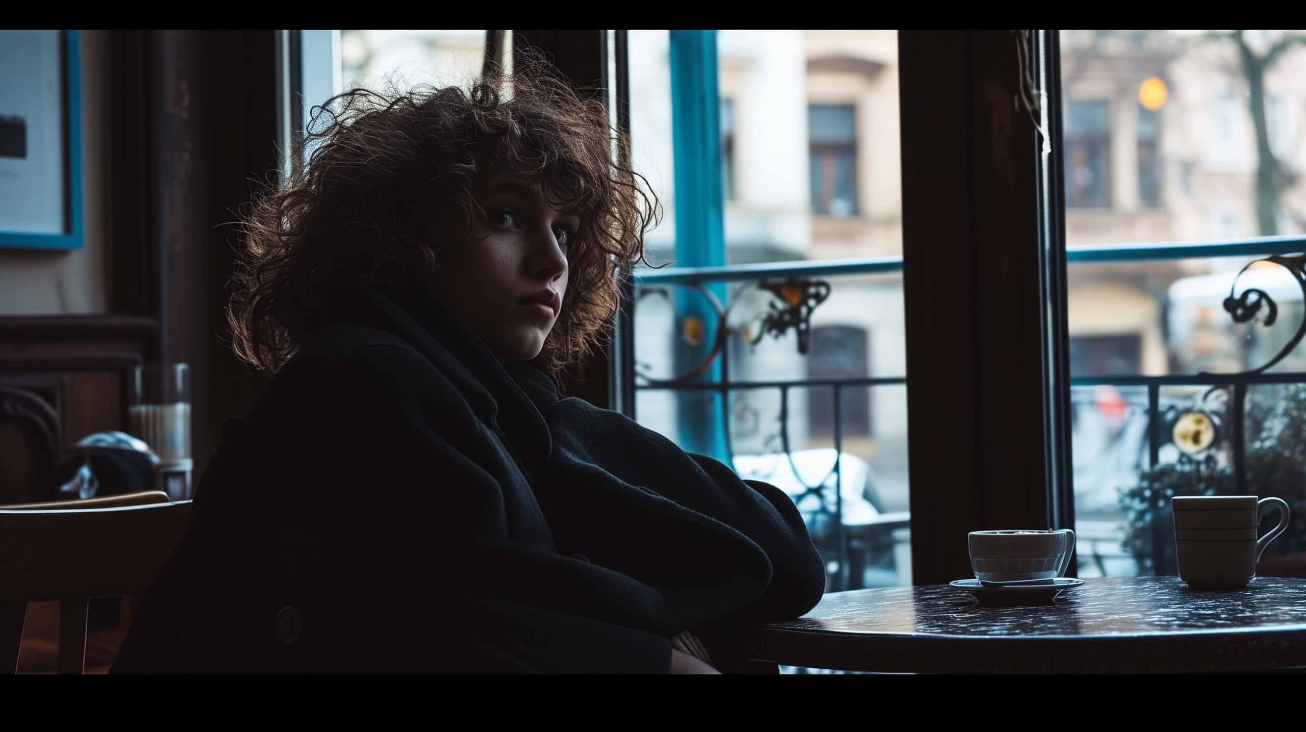 Portrét ženy sedící v kavárně
